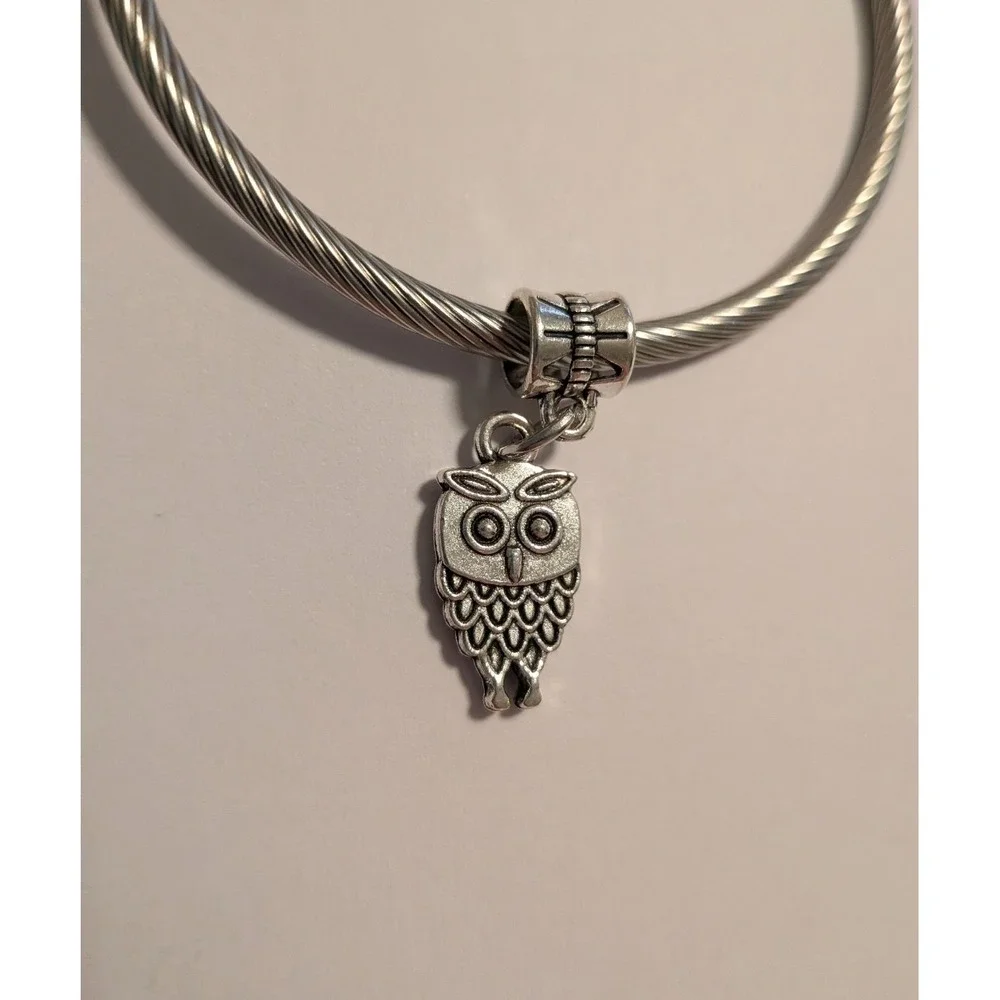Silver Owl Charm Pendant for European Bracelet Antiqued Animal Jewelry